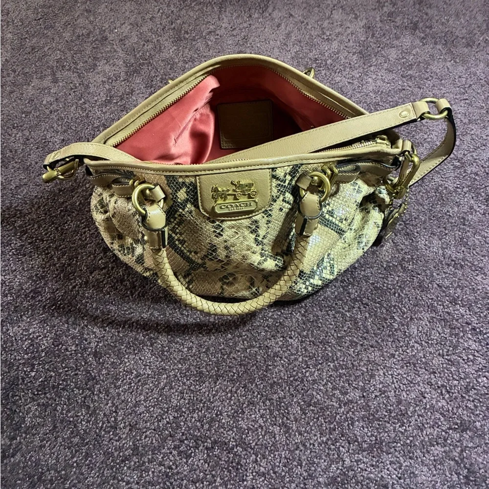 Coach Snake Print Leather Beige & Brown  Shoulder Bag w Detachable Strap